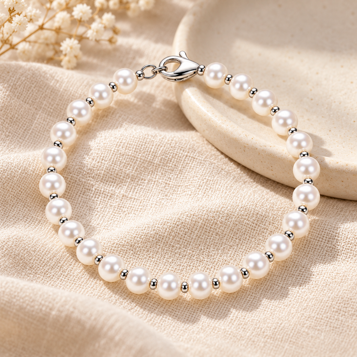 Auraliven Pearl Bead Bracelet with Silver-Tone Accents