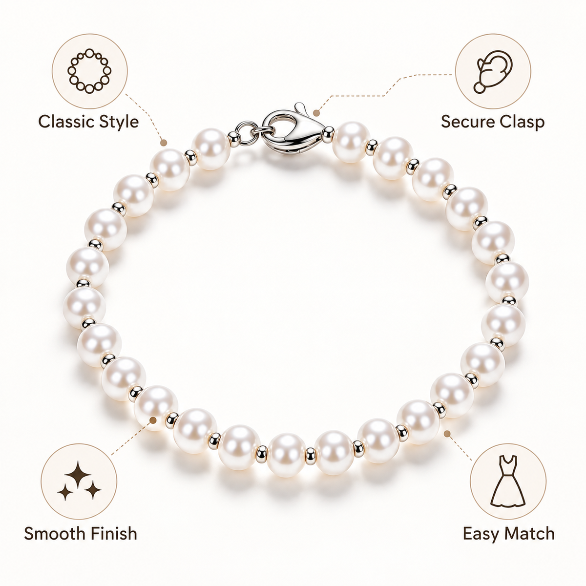 Auraliven Pearl Bead Bracelet with Silver-Tone Accents