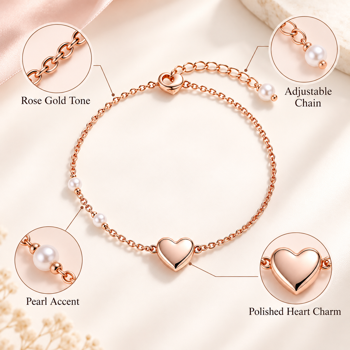 Auraliven Heart Charm Pearl Accent Bracelet