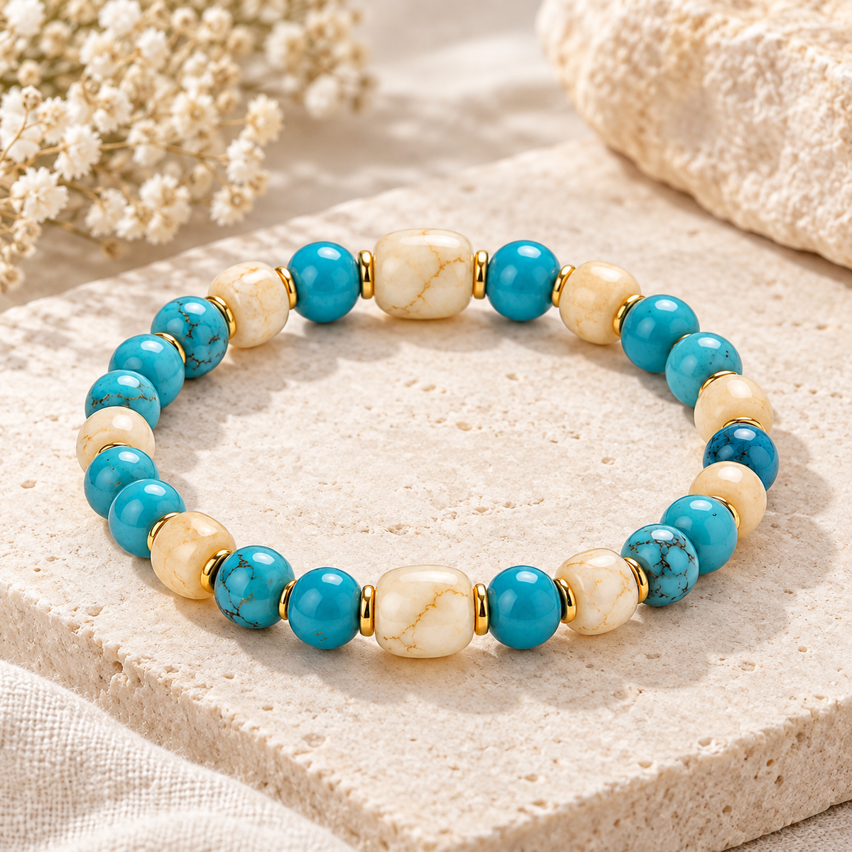 Auraliven Turquoise & White Bead Bracelet with Gold-Tone Accents