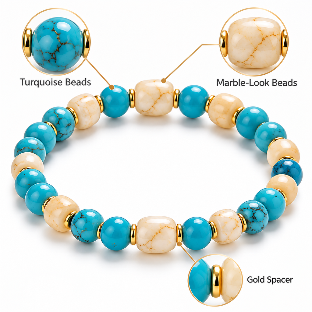 Auraliven Turquoise & White Bead Bracelet with Gold-Tone Accents