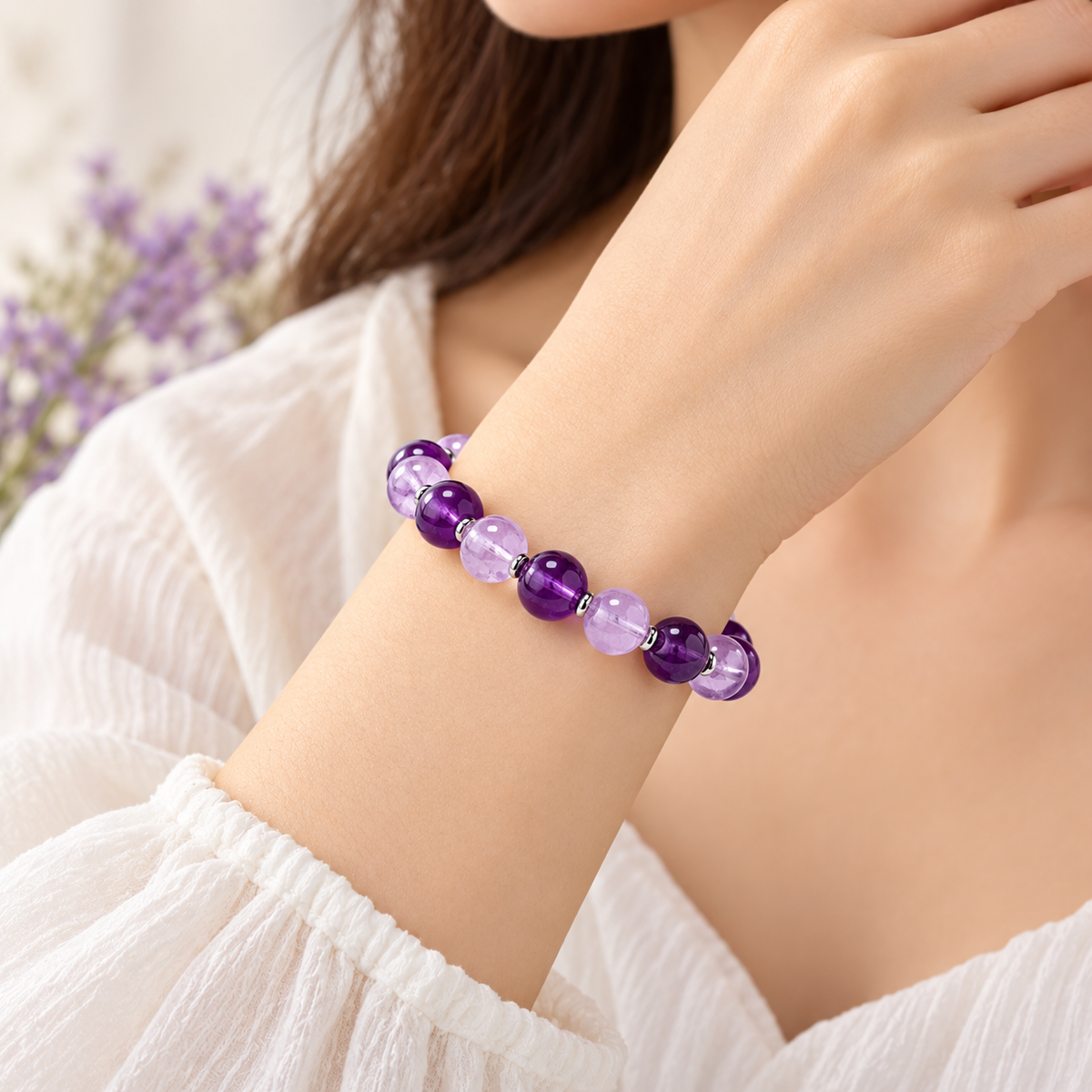 Auraliven Purple Beaded Bracelet with Silver-Tone Accents