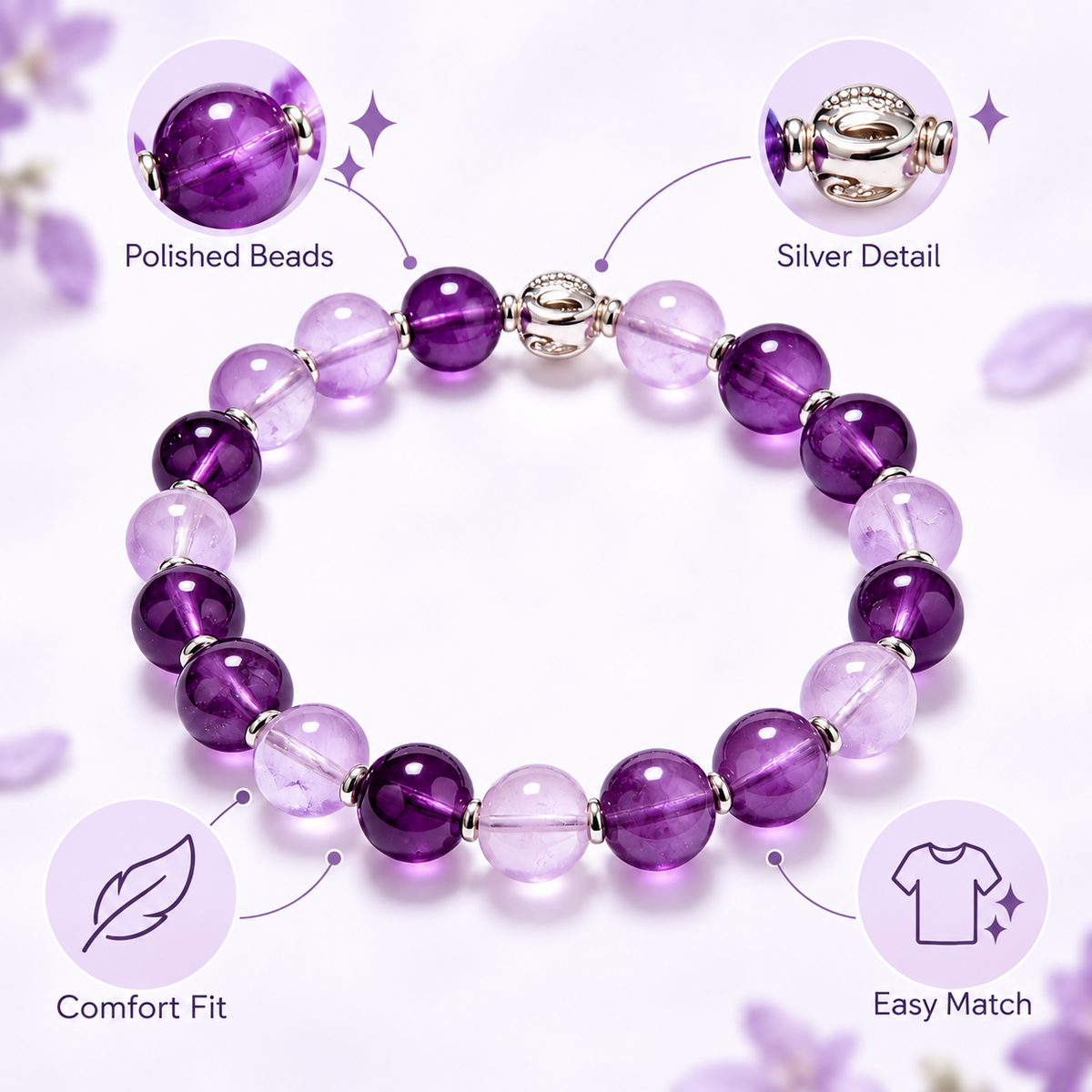 Auraliven Purple Beaded Bracelet with Silver-Tone Accents
