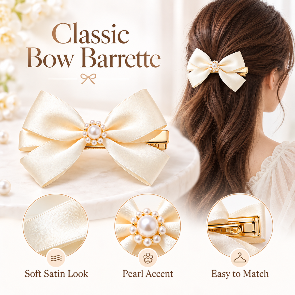 Auraliven Pearl-Style Bow Hair Clip