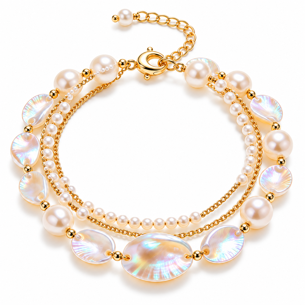 Auraliven Pearl-Style & Shell-Style Detail Layered Chain Bracelet