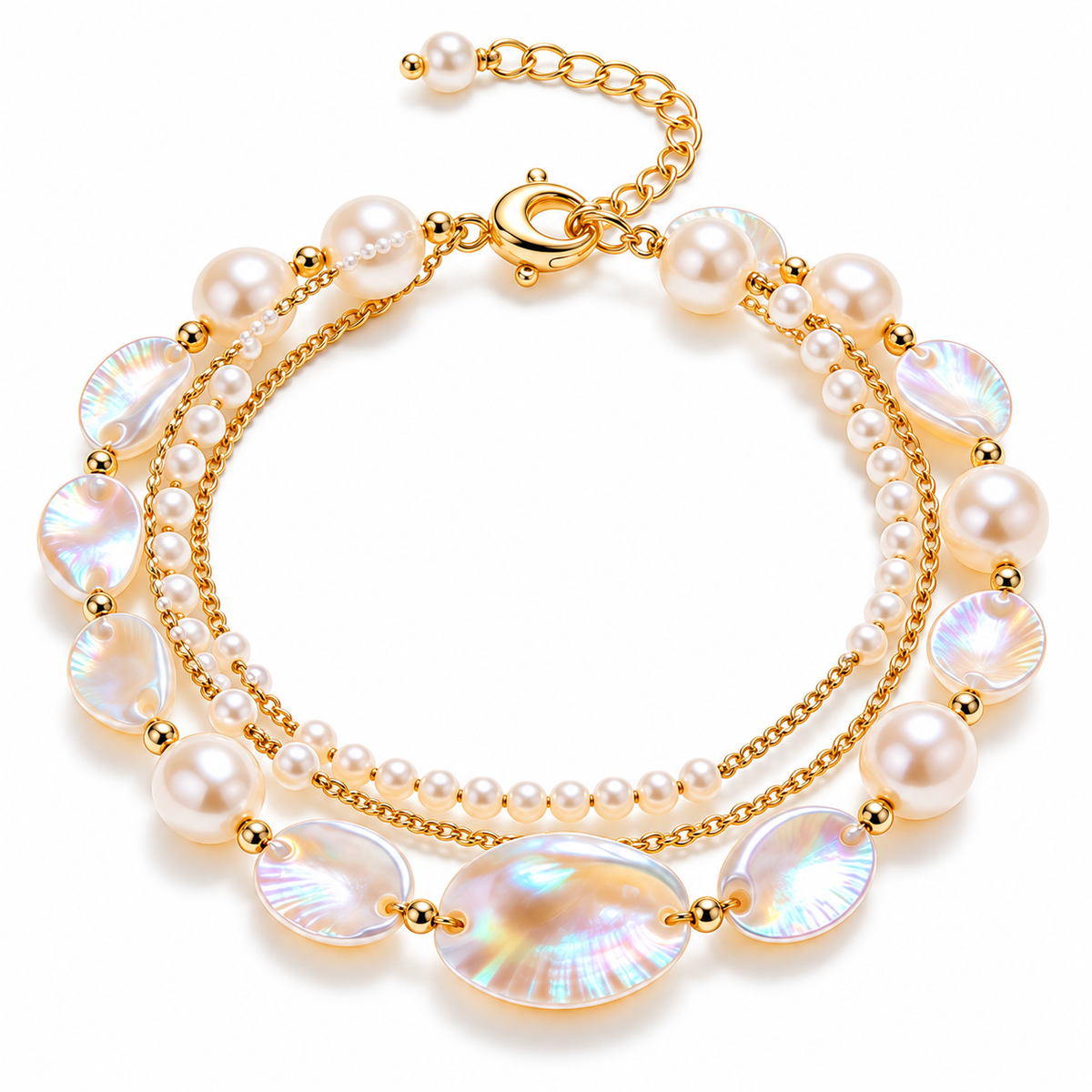 Auraliven Pearl-Style & Shell-Style Detail Layered Chain Bracelet