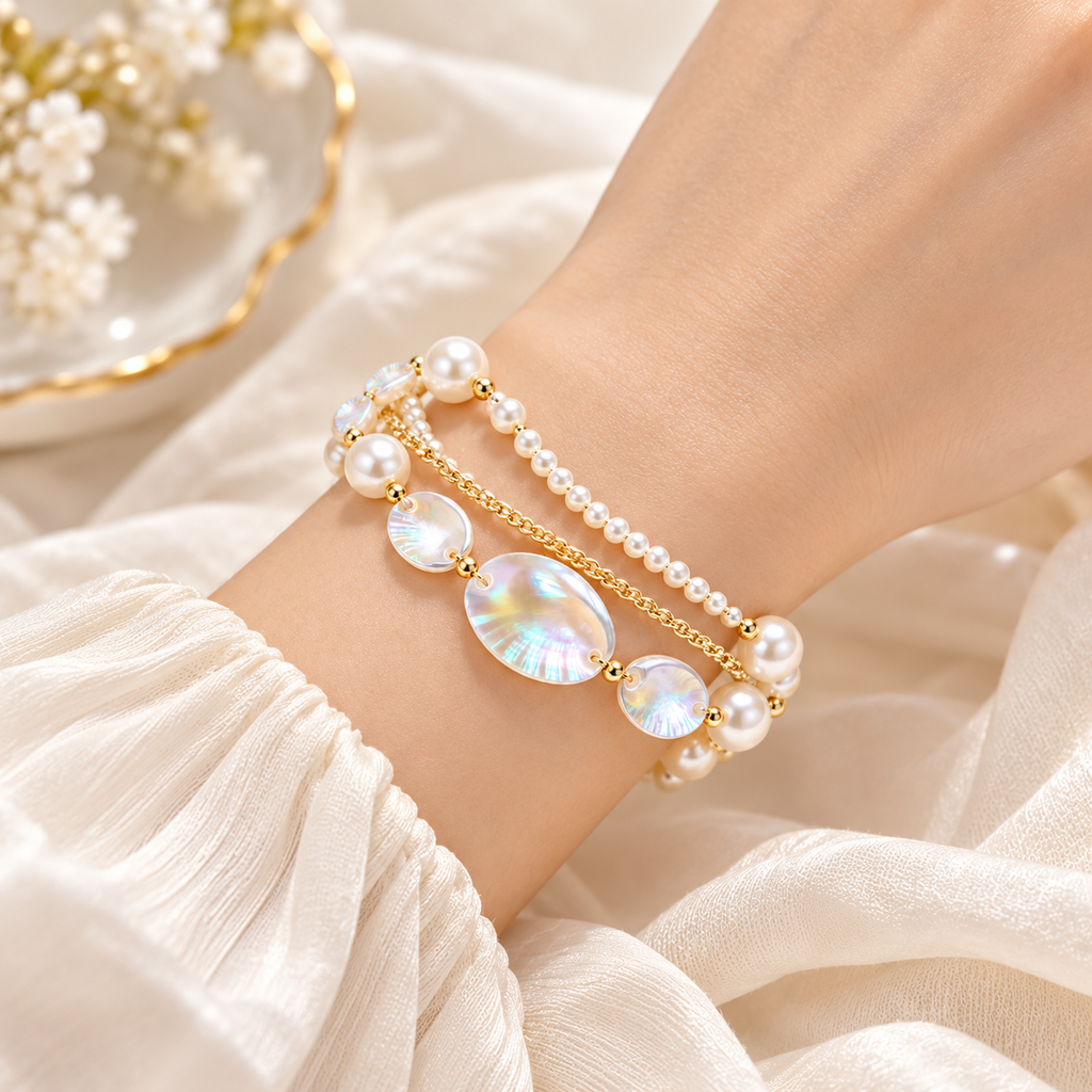 Auraliven Pearl-Style & Shell-Style Detail Layered Chain Bracelet