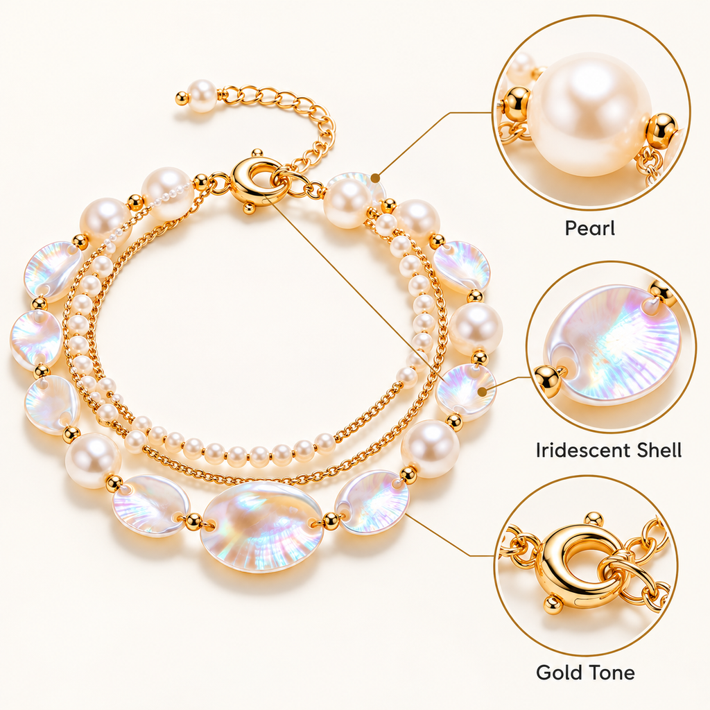 Auraliven Pearl-Style & Shell-Style Detail Layered Chain Bracelet