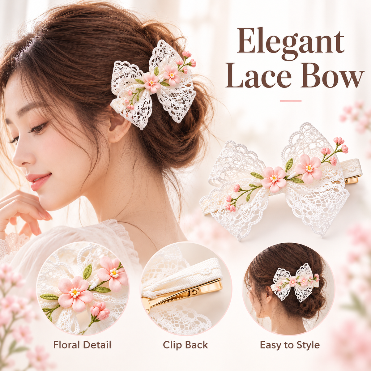 Auraliven Lace Floral Bow Hair Clip