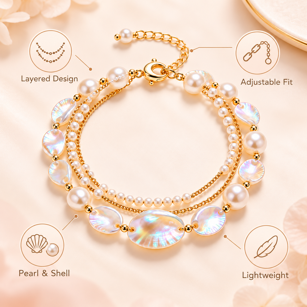 Auraliven Pearl-Style & Shell-Style Detail Layered Chain Bracelet